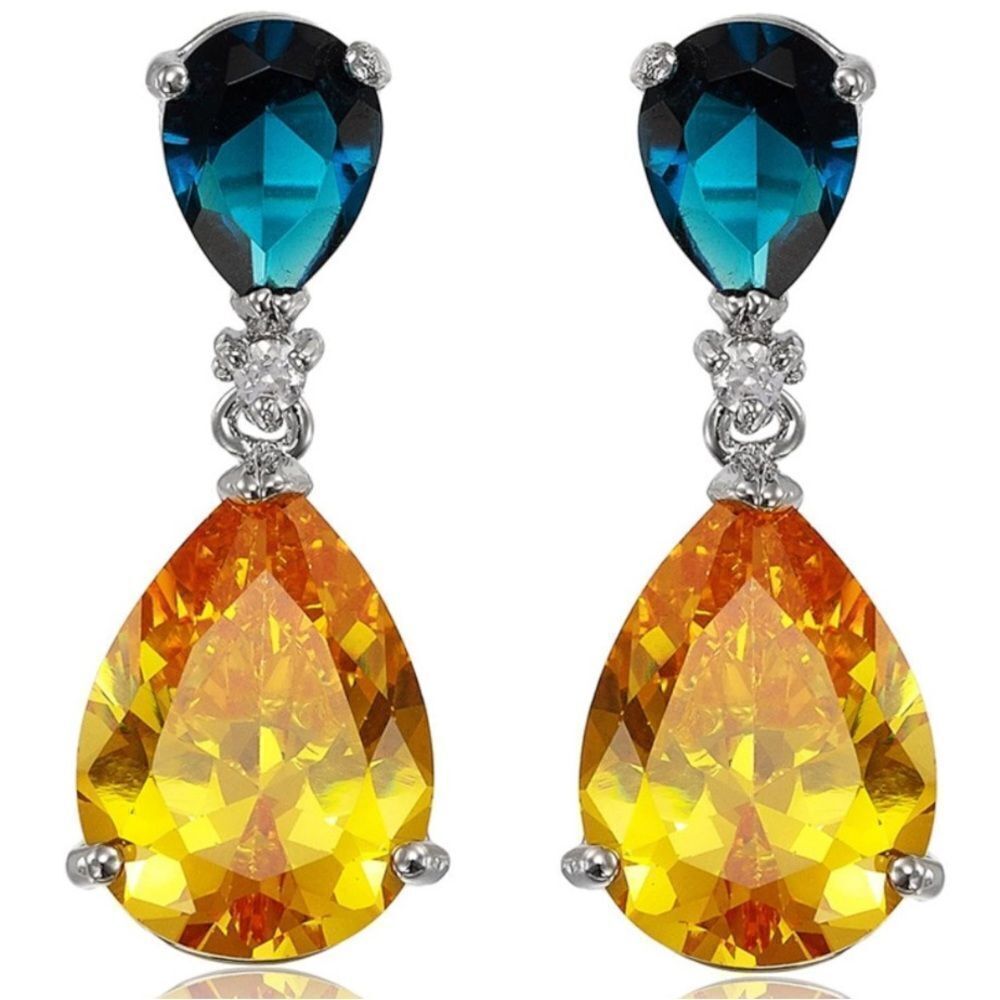 18K White Gold with Blue Sapphire and Yellow Champagne Cubic ZIrconia Earrings